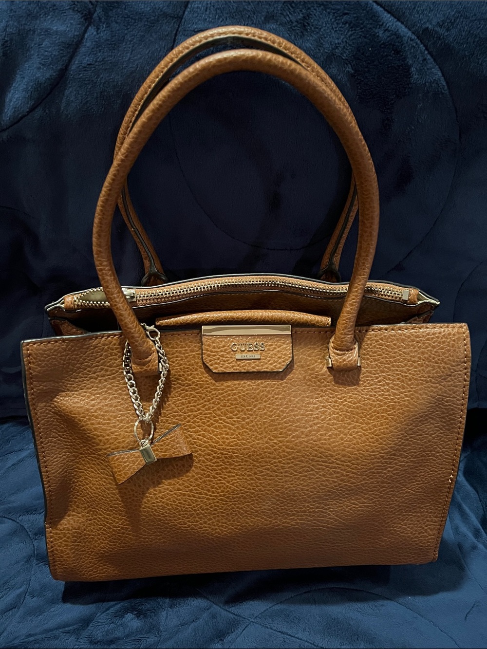 GUESS Brown Pebbled Leather Satchel with Bow Charm